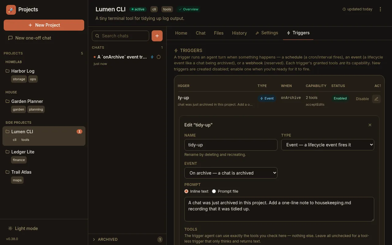 The Triggers tab editor for an event hook: Type set to Event, Event set to On archive, and an inline prompt
