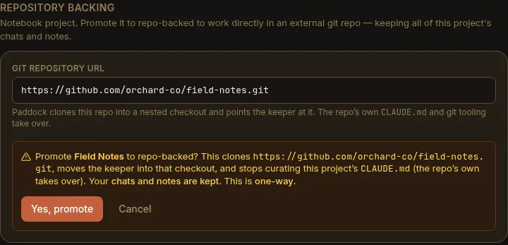 The Repository backing section of a notebook project's Settings tab, with a git URL entered and the confirm step showing what promotion will do