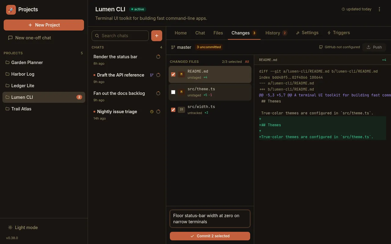 The Changes tab with three changed files, one checkbox unticked so 2 of 3 are selected, per-file +/− stats, a README diff, and a 'Commit 2 selected' button