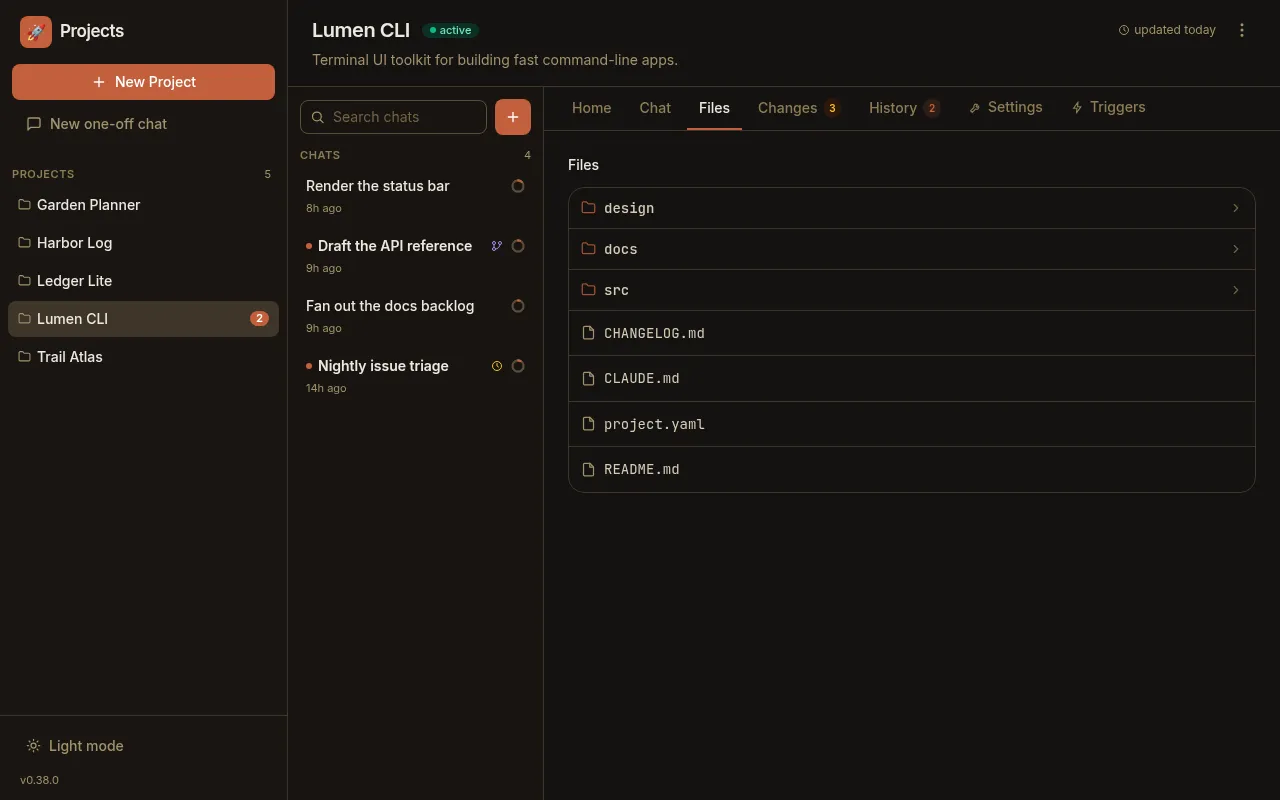 The Files tab at a project root, showing design, docs and src folders with folder icons sorted above CHANGELOG.md, CLAUDE.md, project.yaml and README.md