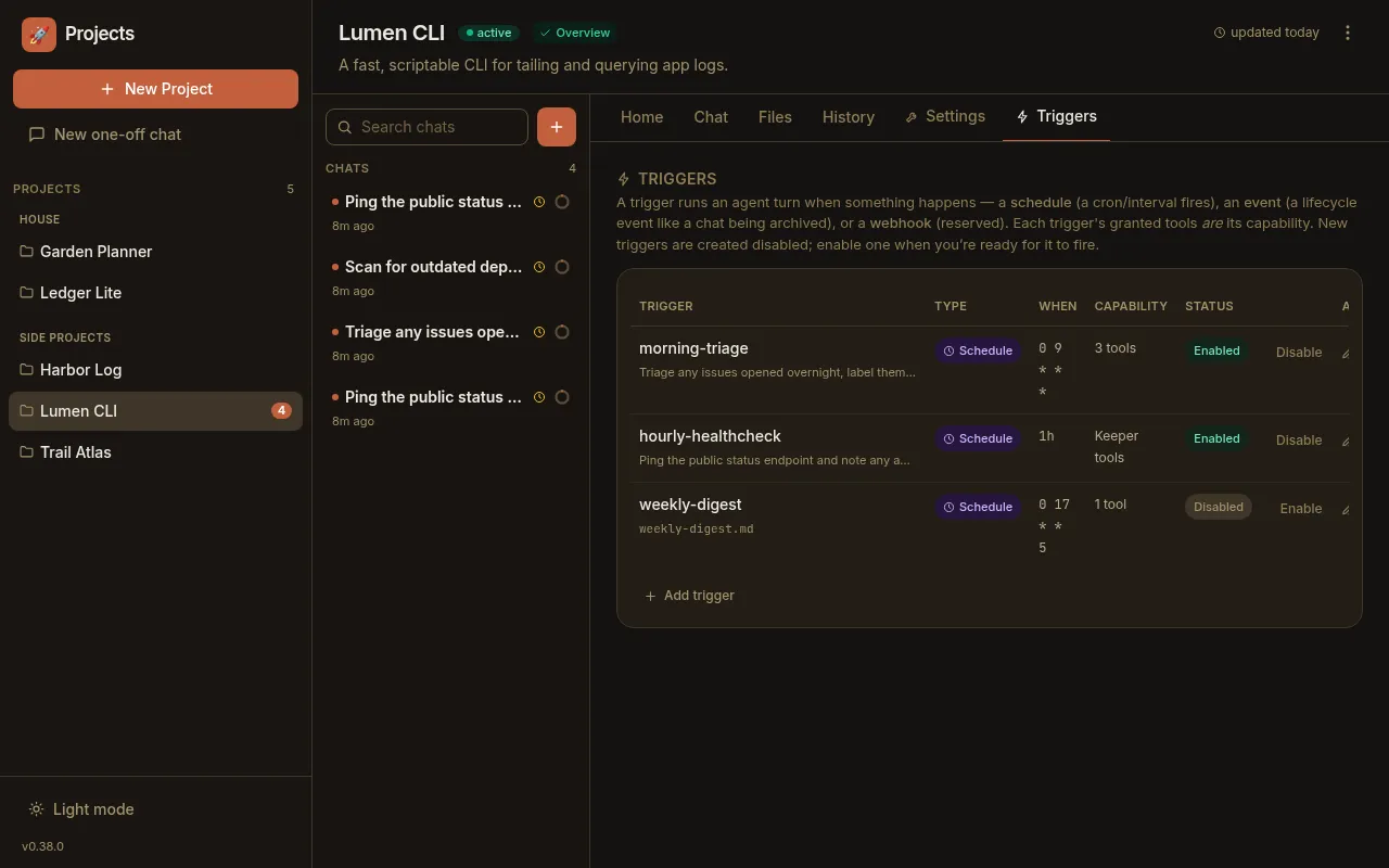 The Triggers tab listing three schedules with type, when, capability, and status columns