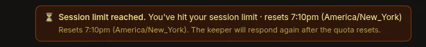 An inline 'Session limit reached' notice showing when the quota resets