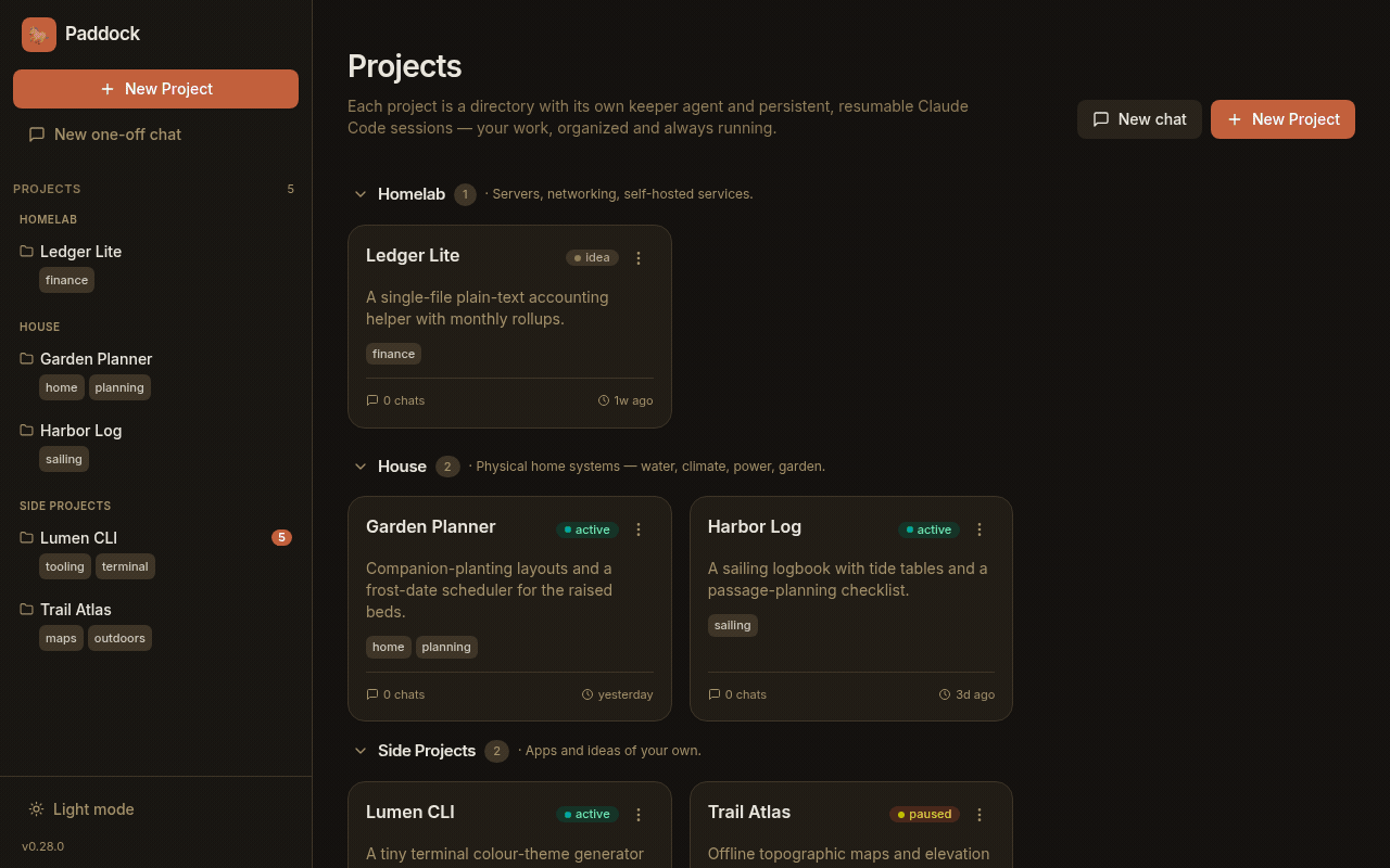 Paddock — the real dev stack, a project's chats, and a keeper streaming live tool calls